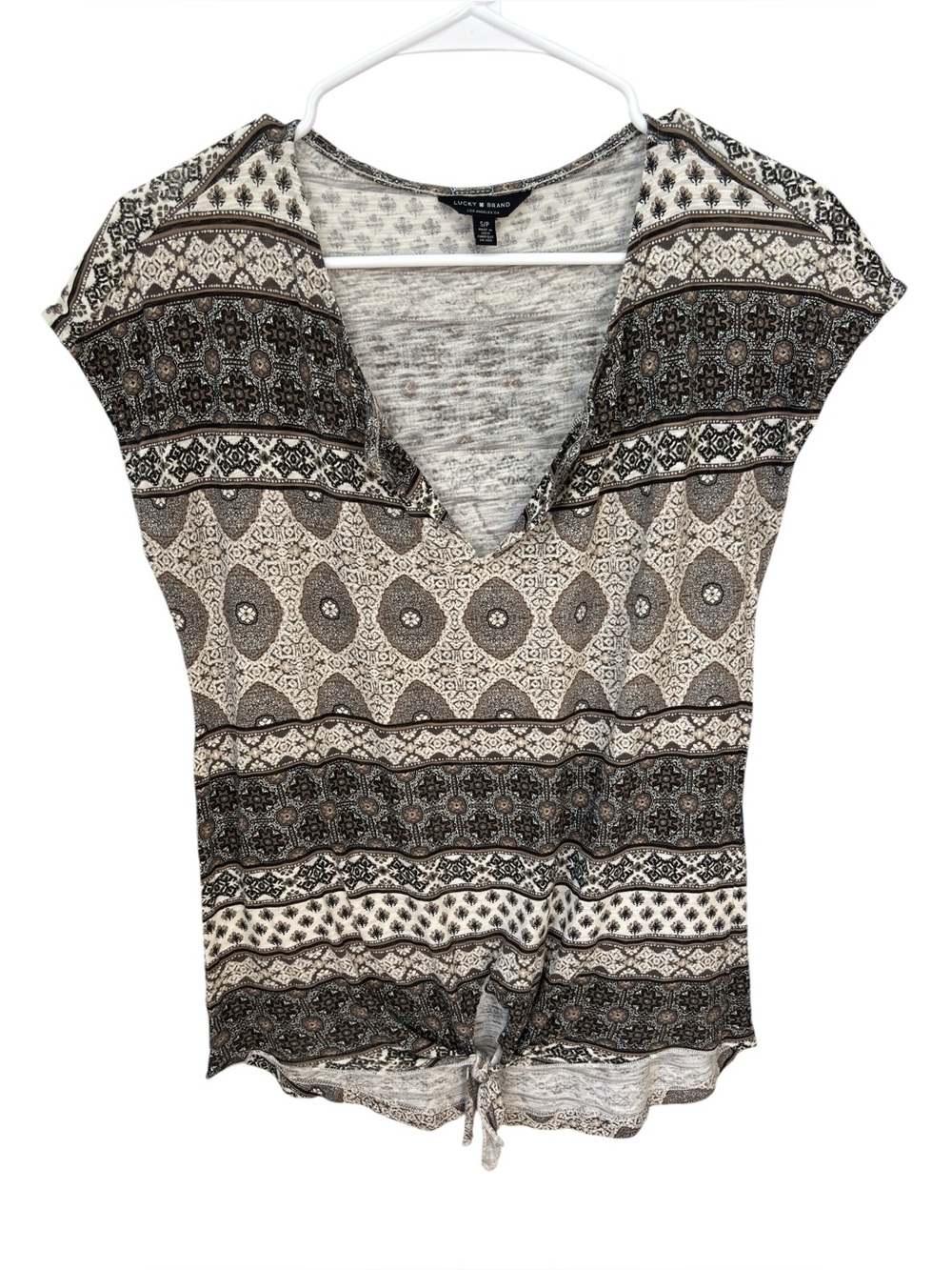 Lucky Brand Geometric Print Top Women’s Size Small Gray Tie Front Boho Lagenlook